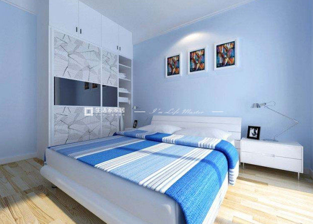 第一款卧室天蓝色装修效果图,它的设计是比较偏浅色系.