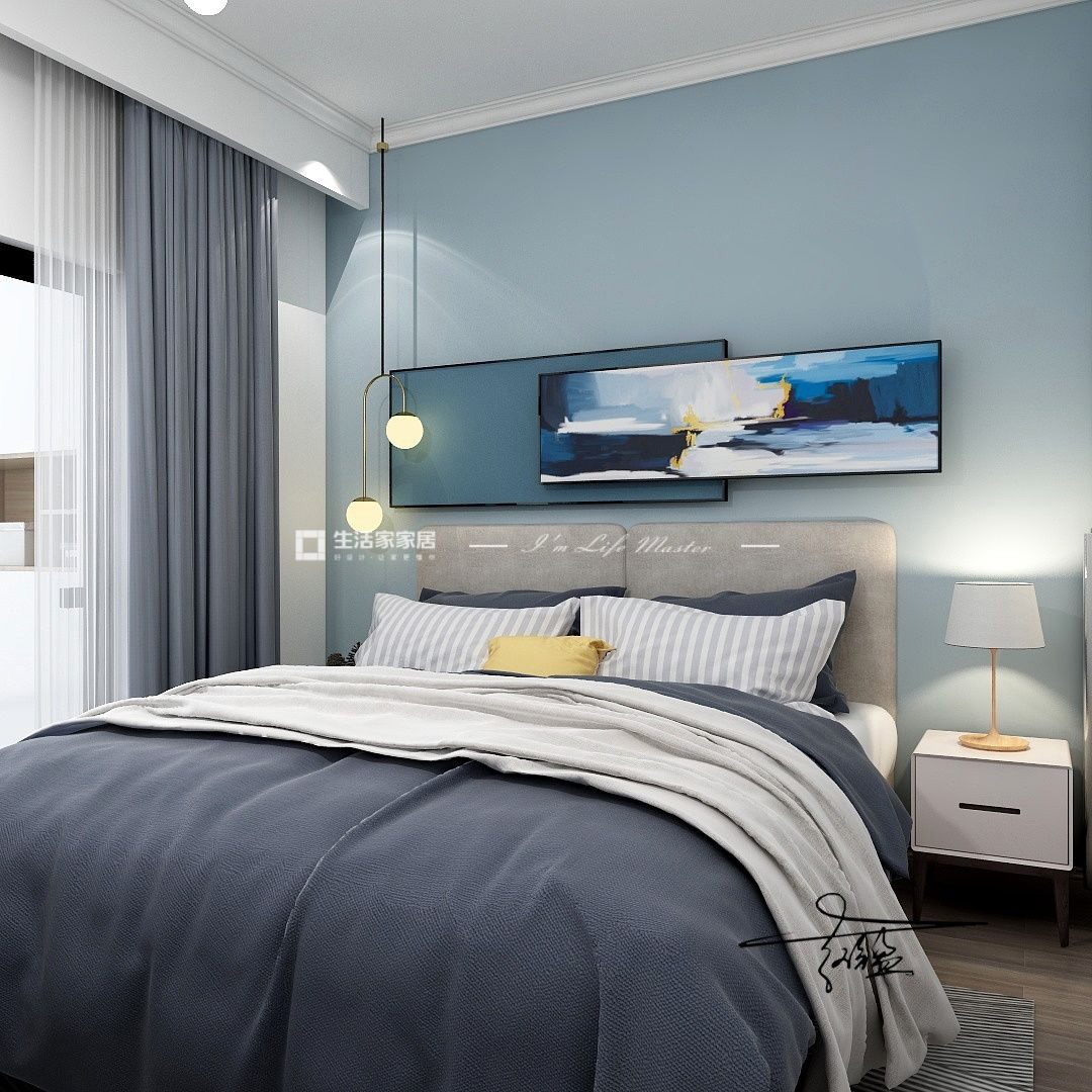 主卧室的床头背景是今年流行色雾霾蓝,色给人一种沁心的舒适感,让人能