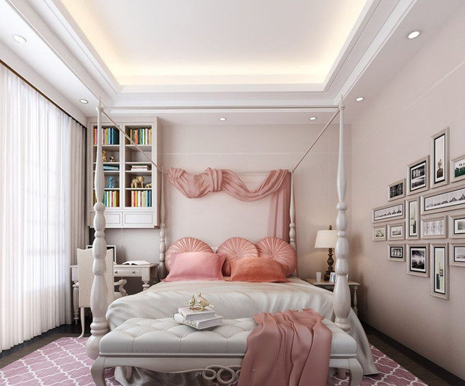 第一款粉嫩的女生房间装修效果图,我们看到它的整个风格是有一个小