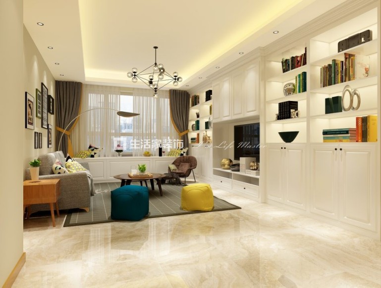 榻榻米书柜的形式来做电视背景墙 榻榻米的形式来