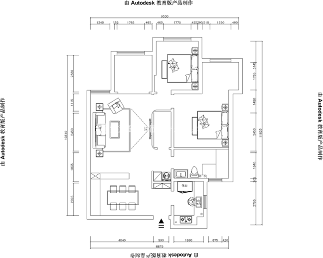 户型图现代欧式 二居室