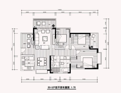 户型图现代极简 二居室