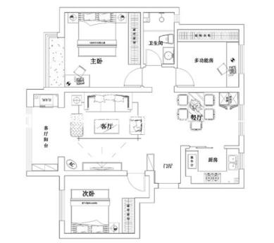 户型图107平三室现代装修实景案例