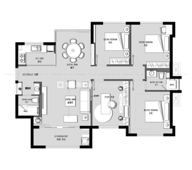 户型图新中式风格,98m²装修