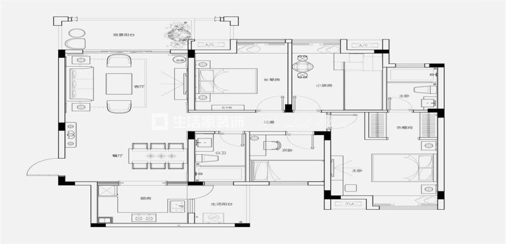 户型图135平三室新中式装修实景案例