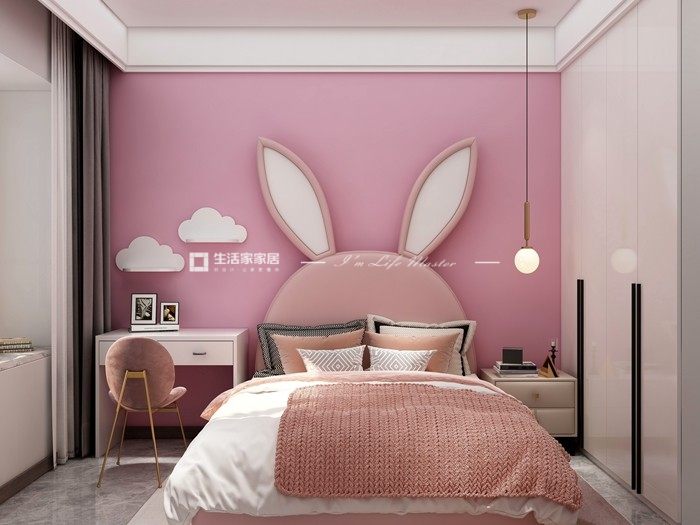 女孩房:女孩房房墙体设计了清新的暖色墙体,粉色为基调,现在流行的
